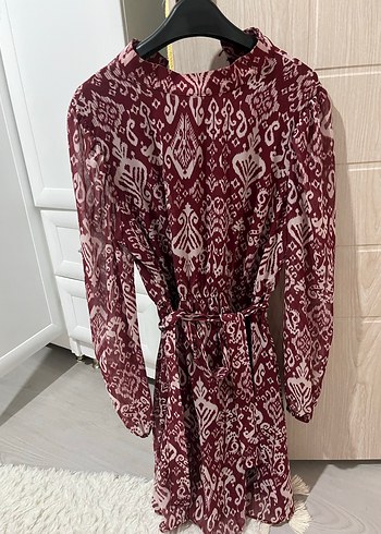 Bordo Bohem Uzun Kollu Mini Elbise