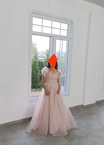 Pudra Pembe Drapeli Uzun Abiye Elbise