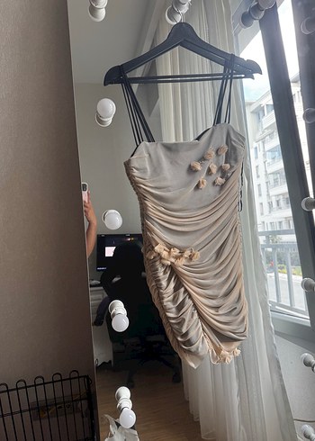 Zara Bej Straplez Pilili Midi Abiye Elbise