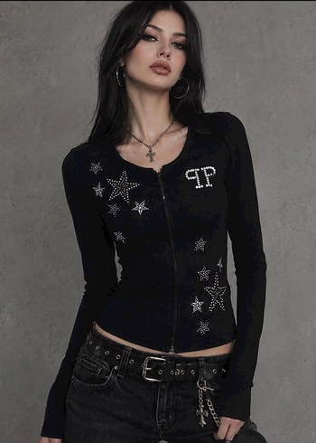Philipp Plein Tasli Yildizli Siyah Fermuarli Bluz