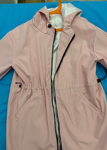 Pembe Midi Kadın Ceket yagmurluk Kapüşonlu Fermuarlı