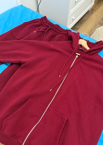 l Beden Kadın Kırmızı Fermuarlı Sweatshirt takim