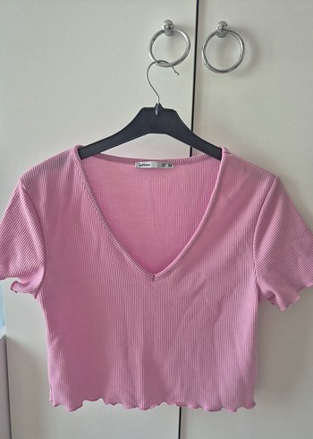 Pembe V Yaka Kısa Kollu Kadın Bluz