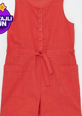 Turuncu Keten Düğmeli Hamile Tulum - Görsel 3