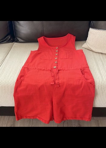 Turuncu Keten Düğmeli Hamile Tulum - Görsel 2