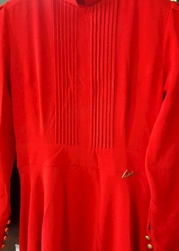 Düğmeli Kırmızı Uzun Kollu Kadın Elbise - Görsel 3