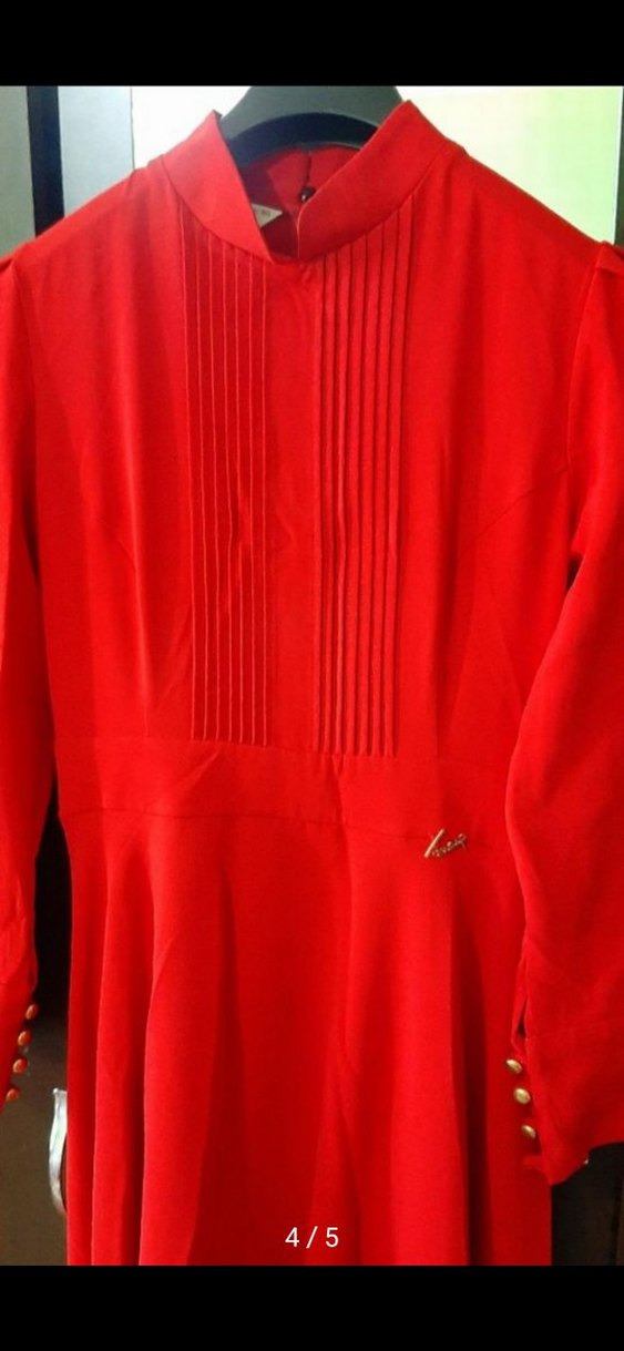 Düğmeli Kırmızı Uzun Kollu Kadın Elbise - Görsel 3