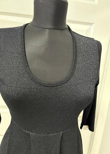 V Yaka Pilili Siyah Midi Elbise 36 bd - Görsel 4