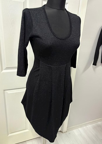 V Yaka Pilili Siyah Midi Elbise 36 bd - Görsel 3