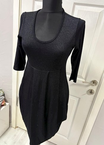 V Yaka Pilili Siyah Midi Elbise 36 bd - Görsel 2