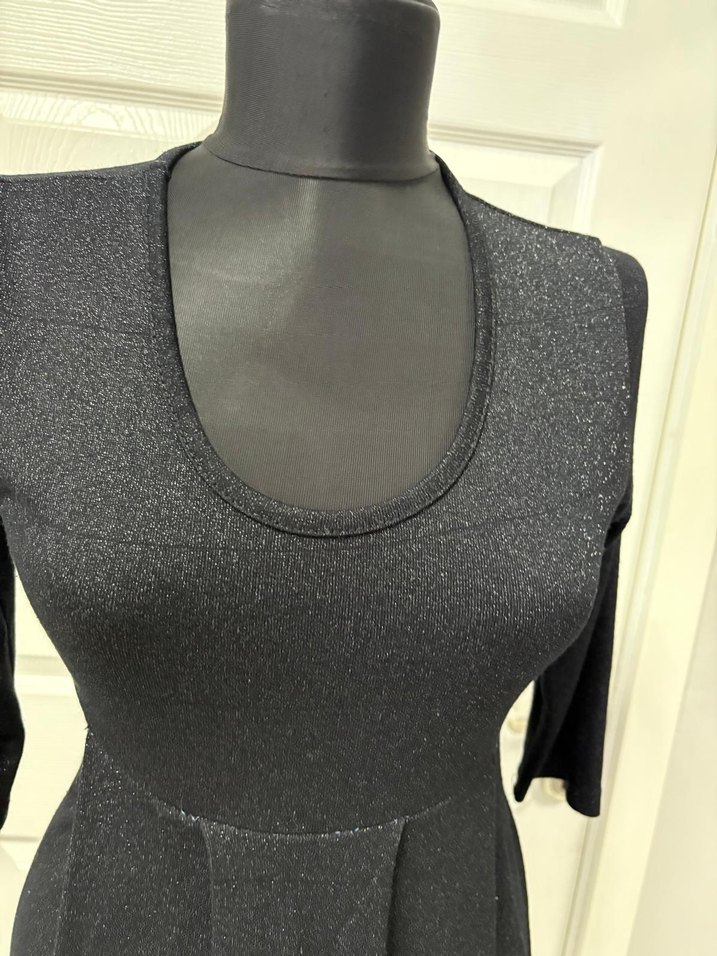 V Yaka Pilili Siyah Midi Elbise 36 bd - Görsel 4