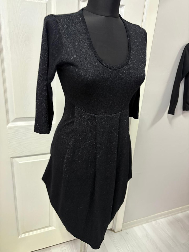 V Yaka Pilili Siyah Midi Elbise 36 bd - Görsel 3