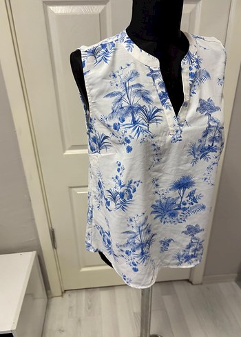 Mavi Desenli Bohem Pamuklu V Yaka Bluz 38 bd - Görsel 2