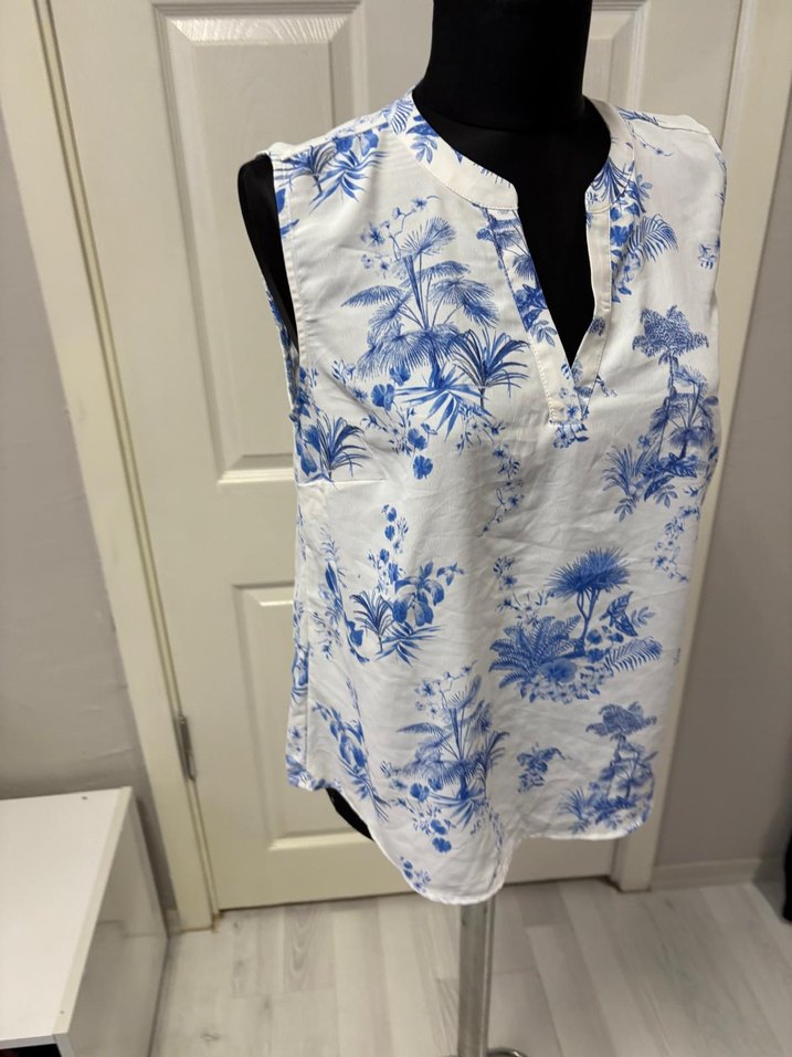 Mavi Desenli Bohem Pamuklu V Yaka Bluz 38 bd - Görsel 2