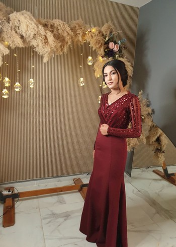 Bordo Uzun Kollu V Yaka Abiye Elbise - Görsel 6