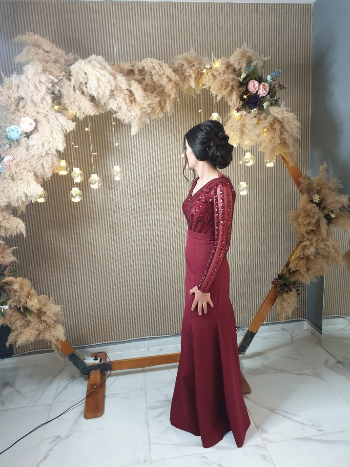 Bordo Uzun Kollu V Yaka Abiye Elbise - Görsel 4