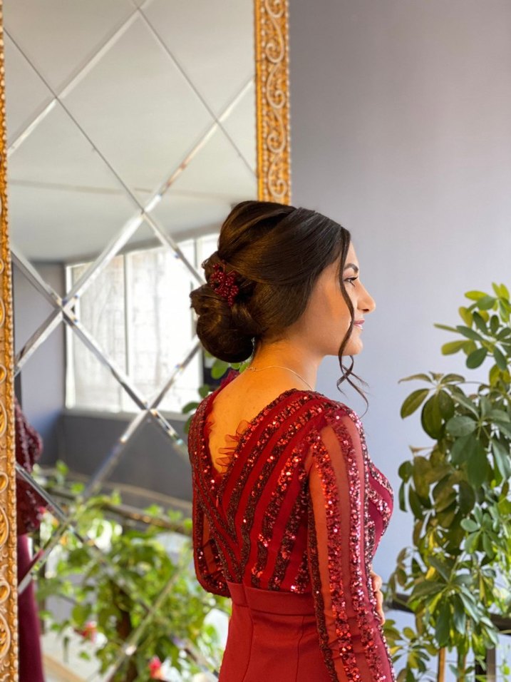 Bordo Uzun Kollu V Yaka Abiye Elbise - Görsel 3