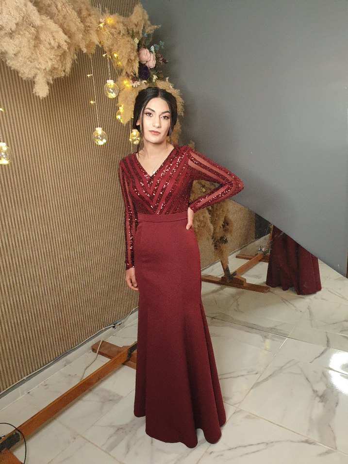 Bordo Uzun Kollu V Yaka Abiye Elbise - Görsel 2