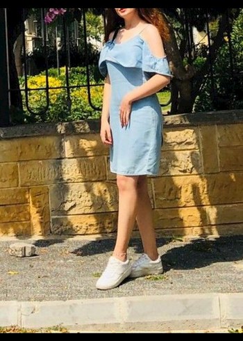 Diğer Mavi Straplez Midi Denim Elbise
