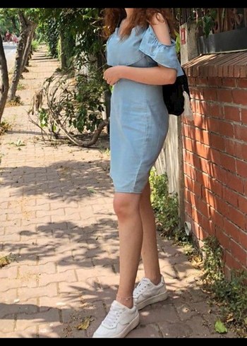 36 Beden Mavi Straplez Midi Denim Elbise