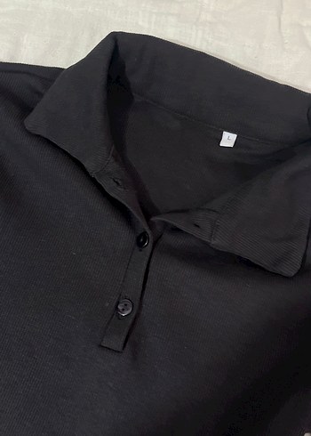 l Beden Siyah Polo Yaka Uzun Kollu Kadın Bluz
