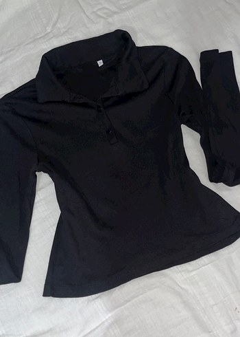 Siyah Polo Yaka Uzun Kollu Kadın Bluz