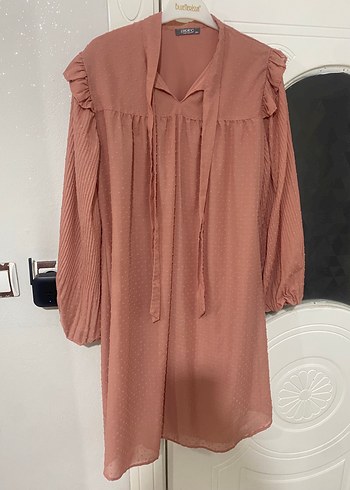 Nar çiçeği Midi Kadın Tunik, V Yaka, Fırfırlı