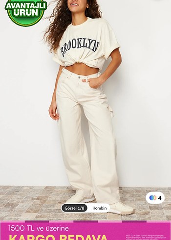Ekru yüksek bel baggy jeans