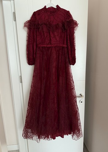 Bordo Uzun Kollu Vintage Abiye Elbise