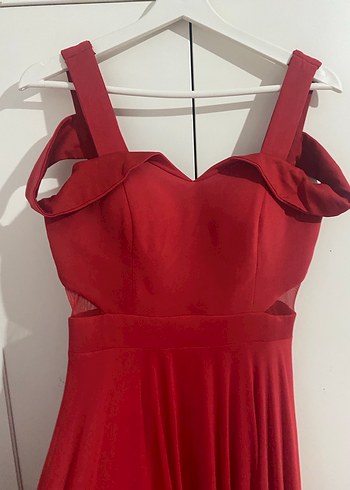 Kırmızı Drapeli Uzun Abiye Elbise - Görsel 2