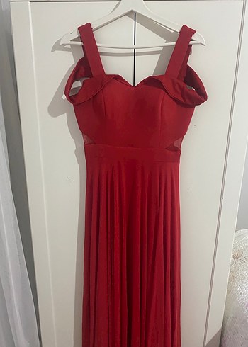 Kırmızı Drapeli Uzun Abiye Elbise - Görsel 3