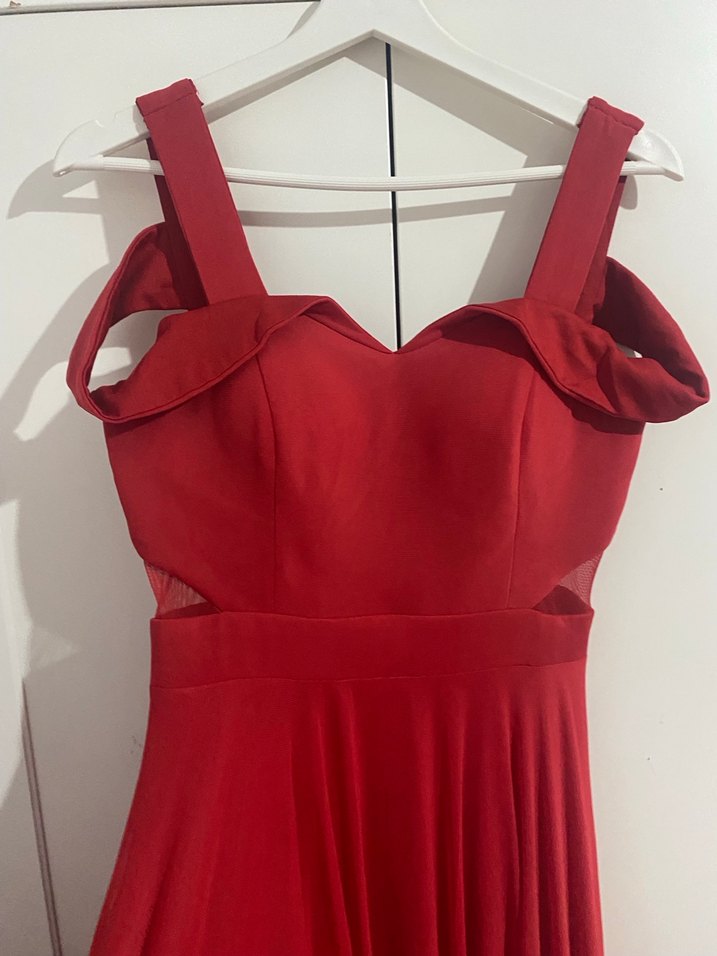 Kırmızı Drapeli Uzun Abiye Elbise - Görsel 2