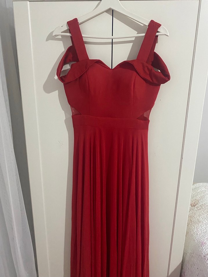 Kırmızı Drapeli Uzun Abiye Elbise - Görsel 3