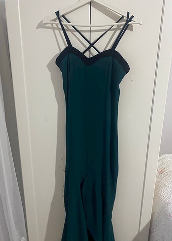 Uzun Yeşil Drapeli Straplez Elbise - Görsel 4