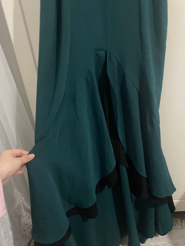 Uzun Yeşil Drapeli Straplez Elbise - Görsel 2