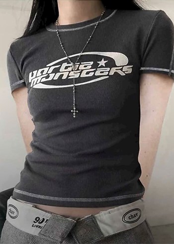 Gri Baskılı Kısa Kollu Baby Tee - Görsel 2