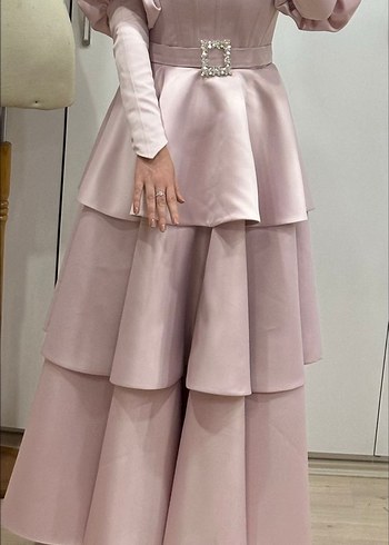 Pudra pembe Uzun Kollu Pilili Kadın Abiye Elbise