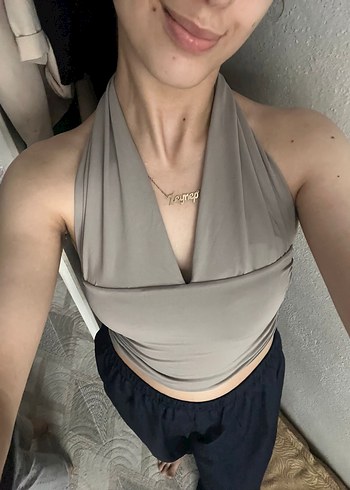 m Beden Kadın Bej Keten Yüksek Yakalı Crop Top