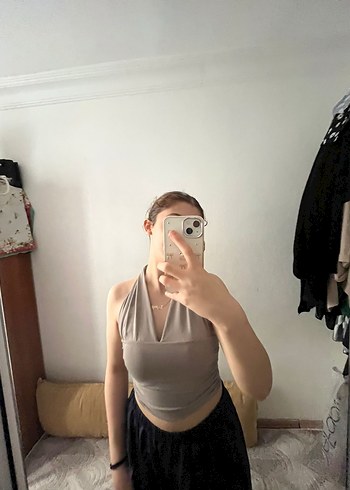 Kadın Bej Keten Yüksek Yakalı Crop Top