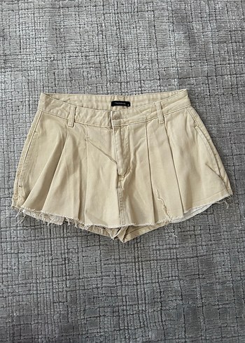 Bej Pilili Keten Mini Şort Etek
