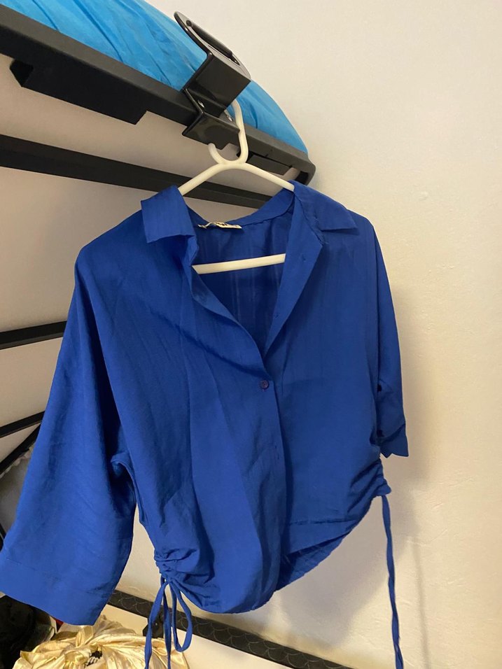 Düğmeli Mavi Keten Kadın Gömlek - Görsel 2