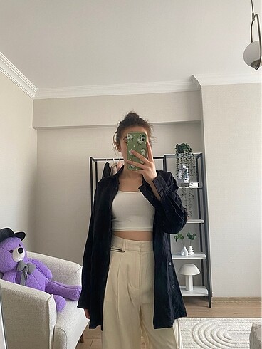 xs Beden siyah Renk Zara yanları düğmeli keten gömlek