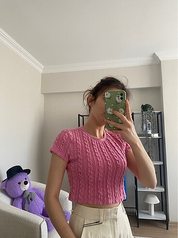 m Beden Bershka pembe crop tişört