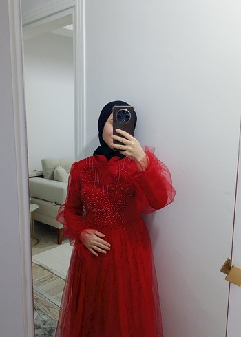 Koyu Kırmızı Nakışlı Uzun Tesettür Abiye - Görsel 3