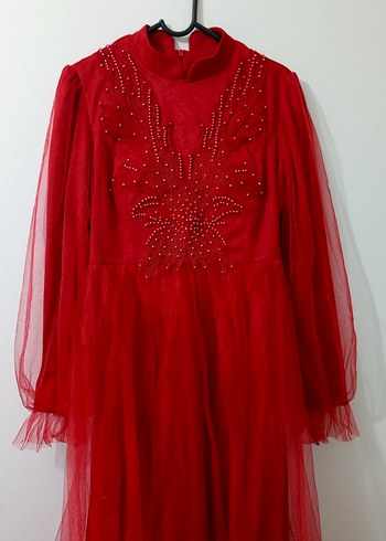 Koyu Kırmızı Nakışlı Uzun Tesettür Abiye - Görsel 4