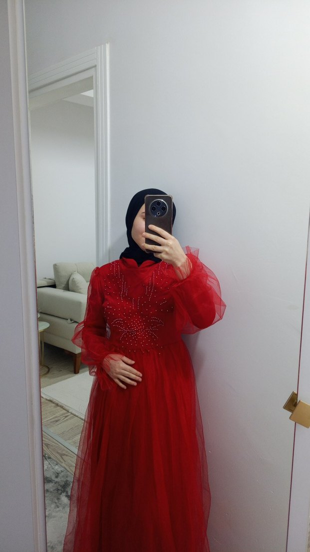 Koyu Kırmızı Nakışlı Uzun Tesettür Abiye - Görsel 3