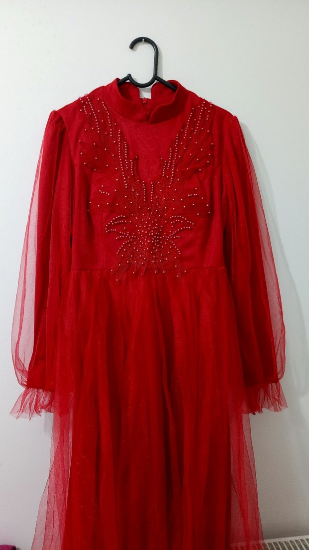 Koyu Kırmızı Nakışlı Uzun Tesettür Abiye - Görsel 4