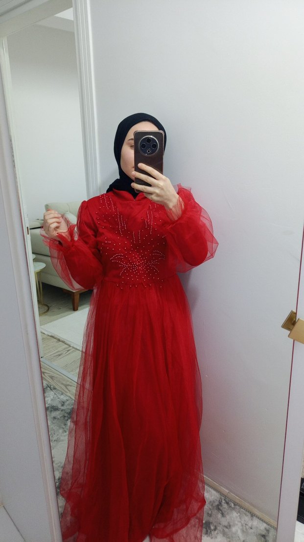 Koyu Kırmızı Nakışlı Uzun Tesettür Abiye - Görsel 2