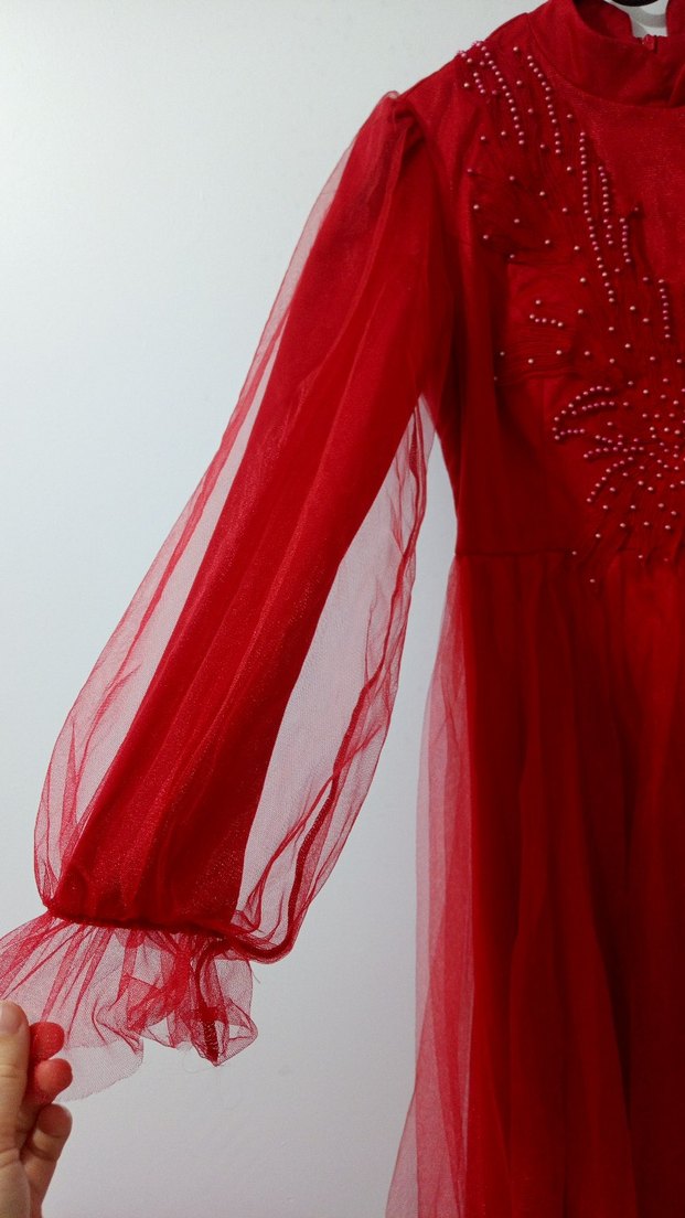 Koyu Kırmızı Nakışlı Uzun Tesettür Abiye - Görsel 5