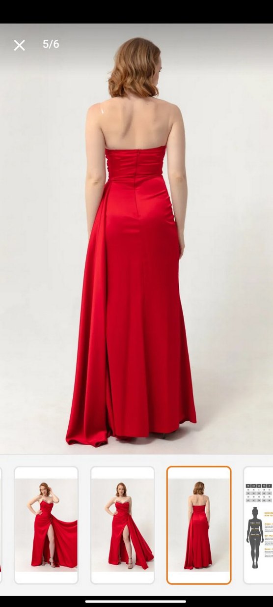straplez taşlı Kırmızı Uzun yırtmaçlı Abiye Elbise - Görsel 3